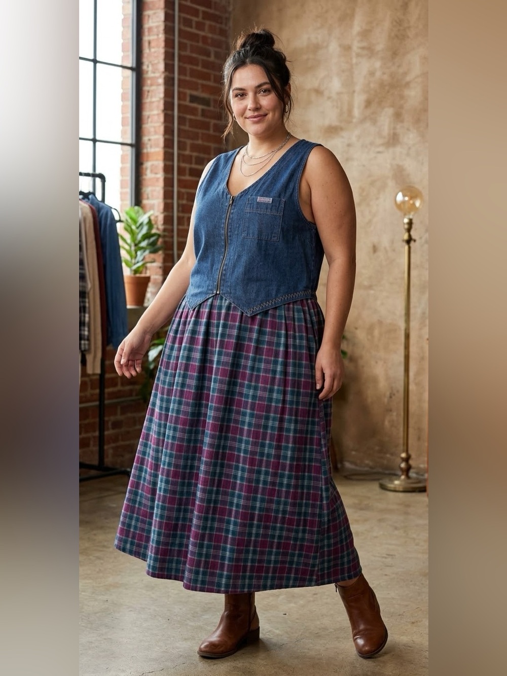 Vintage Jantzen Classics Denim & Plaid Pinafore Midi Dress - Size XL